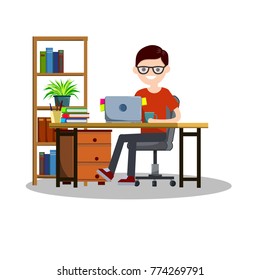 cartoon flat illustration - a young nerd guy student sitting on a chair at a Desk with a computer and books. Rack office folders, documents and plant