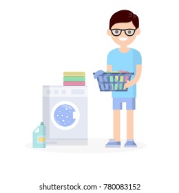 cartoon flat illustration - a young nerd guy in shorts in blue dress with basket for dirty clothes is standing next to a washing machine and detergent, with folded things.