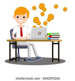 Cartoon flat illustration - a young office guy in white shirt earns bitcoins. working with cryptocurrency blockchain technology. earnings on the Internet. clearing settlement. coins and computer.
