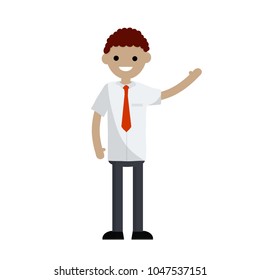 cartoon flat illustration - a young office guy in a shirt and tie waving his hand. happy male employee of the firm.  smiling man
