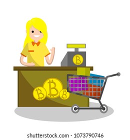 Cartoon flat illustration -young people stands at the counter of the store and pay with bitcoins. blockchain technology. use of cryptocurrencies to buy in the supermarket. business clearing settlement