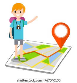 cartoon flat illustration - young red hair man tourist hitchhiker on the map of the city with a camera and a backpack on the route of a red point