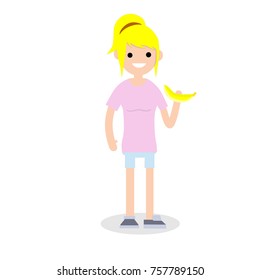 cartoon flat illustration - young slim blonde girl in a pink dress and shorts standing with a yellow banana
