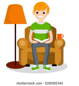 Cartoon flat illustration - a young smart guy in a t-shirt reads a book in a soft chair. room with furniture and a lamp for lighting. interesting leisure and recreation. the education at home.
