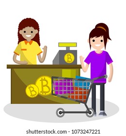 Cartoon flat illustration -young woman stands at the counter of the store and pay with bitcoins. blockchain technology. use of cryptocurrencies to buy in the supermarket. business clearing settlement