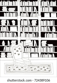 Cartoon Flat interior library room vector illustration coloring. A set of furniture. The design of the room for reading and peace of mind.