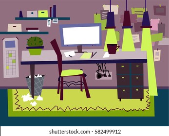 Cartoon Flat interior work room vector illustration. A set of furniture. Design of the workplace. Technics, computer, notes, chair, room, table, cactus