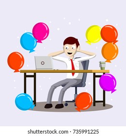 cartoon flat joy happy office worker sits at a Desk with  computer laptop with a balloon