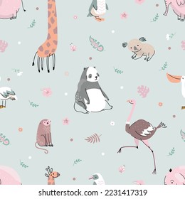 Cartoon flat jungle animal print. Animals wild africa safari, zoo characters childish seamless pattern. Nowaday textile with panda and giraffe vector design