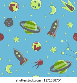 Cartoon flat kids space and cosmos science seamless pattern. Planet, rockets, stars and other space elements in simple cute vector background for children. Kids science and curiosity ideas on space