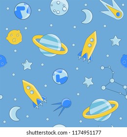 Cartoon flat kids space and cosmos science seamless pattern. Planet, rockets, stars and other space elements in simple cute vector background for children. Kids science and curiosity ideas on space