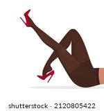 Cartoon flat legs template on white background. Cross-legged legs of girl in high-heeled red shoes. Beauty logo