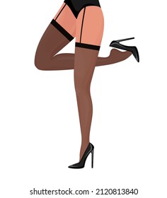 Cartoon flat legs template on white background. Cross-legged legs of girl in high-heeled black shoes. Beauty logo