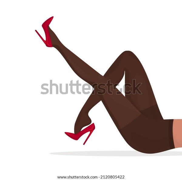 Cartoon flat legs\
template on white background. Cross-legged legs of girl in\
high-heeled red shoes. Beauty\
logo