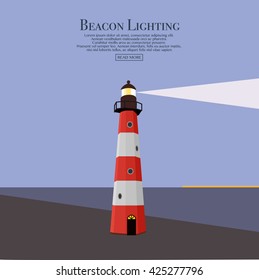 Cartoon flat lighthouse. Searchlight tower for maritime navigational guidance. Beacon. Vector illustration for web site, print, poster, presentation, infographic.