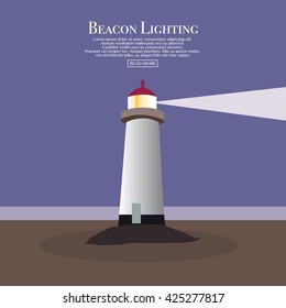 Cartoon flat lighthouse. Searchlight tower for maritime navigational guidance. Beacon. Vector illustration for web site, print, poster, presentation, infographic.