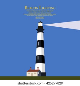 Cartoon flat lighthouse. Searchlight tower for maritime navigational guidance. Beacon. Vector illustration for web site, print, poster, presentation, infographic.