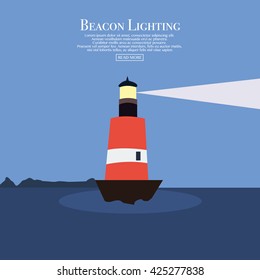 Cartoon flat lighthouse. Searchlight tower for maritime navigational guidance. Beacon. Vector illustration for web site, print, poster, presentation, infographic.