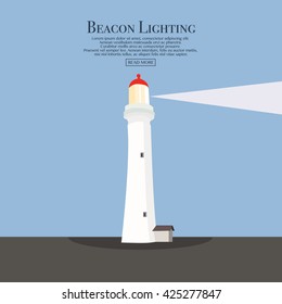 Cartoon flat lighthouse. Searchlight tower for maritime navigational guidance. Beacon. Vector illustration for web site, print, poster, presentation, infographic.