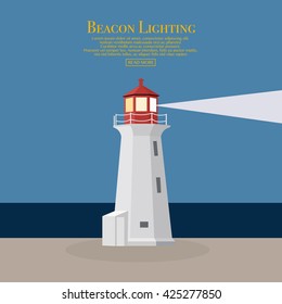 Cartoon flat lighthouse. Searchlight tower for maritime navigational guidance. Beacon. Vector illustration for web site, print, poster, presentation, infographic.