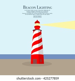 Cartoon flat lighthouse. Searchlight tower for maritime navigational guidance. Beacon. Vector illustration for web site, print, poster, presentation, infographic.