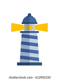 Cartoon flat lighthouse searchlight tower for maritime navigation guidance light vector illustration.
