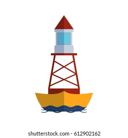 Cartoon flat lighthouse searchlight tower for maritime navigation guidance light vector illustration.