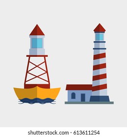 Cartoon flat lighthouse searchlight tower for maritime navigation guidance light vector illustration.