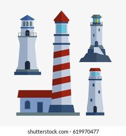 Cartoon flat lighthouse searchlight tower for maritime navigation guidance light vector illustration.