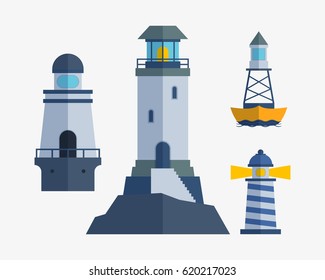 Cartoon flat lighthouse searchlight tower for maritime navigation guidance light vector illustration.