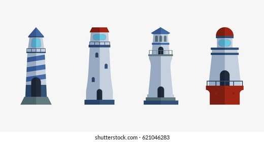Cartoon flat lighthouse searchlight tower for maritime navigation guidance light vector illustration.