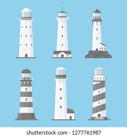 Cartoon flat lighthouses vector set isolated on blue background. Old and modern architecture. Searchlight towers for maritime navigational guidance, path lighting. Sea pharos or beacon collection