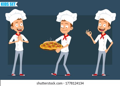 Cartoon flat little chef cook boy character in white uniform and baker hat. Kid holding italian pizza with salami and showing okay sign. Ready for animation. Isolated on blue background. Vector set.