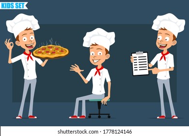 El pequeño chef de dibujos animados cocina a un chico con uniforme blanco y sombrero de panadero. Niños descansando, llevando pizza italiana con salami y champiñones. Listo para la animación. Aislado sobre fondo azul. Conjunto de vectores.