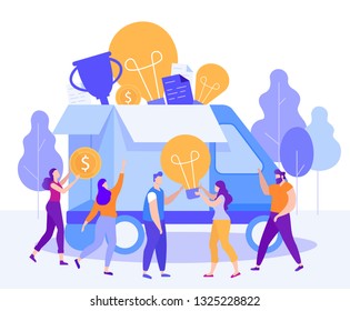 Cartoon Flat Little Men Rejoice Emergence New Ideas. Car Full Ideas. Cup Light Bulbs Help in Finding not Standard Solutions. Teamwork Conveyor New Thoughts and Ready Made Solutions.