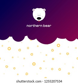 Cartoon, flat logo polar bear on a bright purple background for a children's store or ice cream. Vector logo of a northern bear.