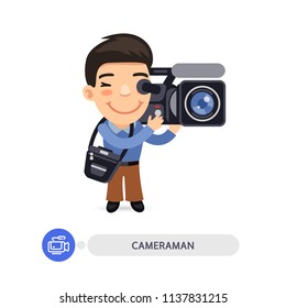 Cartoon flat male character of cameraman with camcorder. Isolated on white background. Clipping paths included.