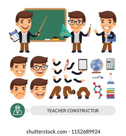 Cartoon flat male character constructor of teacher in various poses and emotions for animation. Isolated flat style vector on white background. Clipping paths included.