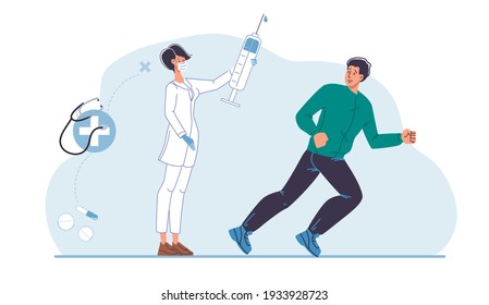 Cartoon flat male character in fear of vaccination.Afraid man in panic,scary of doctor with syringe-coronavirus covid pandemia prevention protection,medical,obscurantism web banner social concept