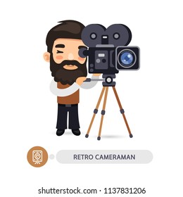 Cartoon flat male character of retro cameraman with vintage camcorder. Isolated on white background. Clipping paths included.