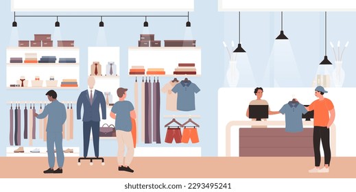 Cartoon flat man customer characters standing and trying new fashion casual dress clothes in expensive boutique or shop showroom interior background. People shopping in clothing store illustration