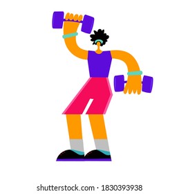 Cartoon flat man do sports, he hold dumbbells, fitness classes at home, online. Body positive concept on white background.