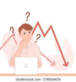 Cartoon flat man sitting in front of a laptop analyzes a falling rating vector illustration modern style 
