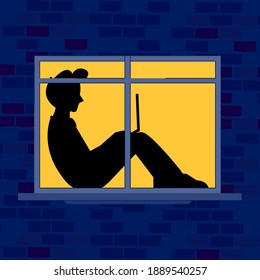 Hombre plano de caricatura en la ilustración del vector de ventana estilo moderno 