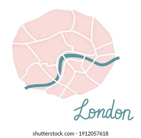 Mapa plano de dibujos animados del centro de   Londres. El río Támesis es verde oscuro, la tierra es rosa. Gracioso y lindo mapa de la ciudad británica europea. Ilustración del vector