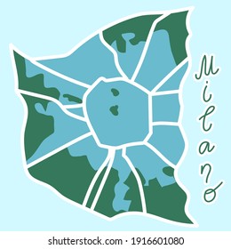 Cartoon flat map of the center of  Milano. the land is blue. White mail streets. Funny cute European Italian city map. Vector illustration