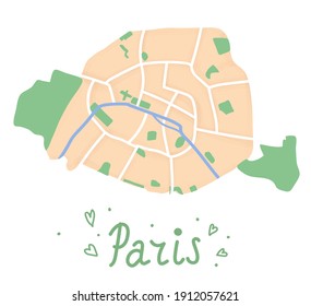 Cartoon Wohnung Karte des Zentrums von Paris. Seine ist blau, Bois de Boulogne und Bois de Vincennes grün. Funny süß europäische Stadtplan. Vektorgrafik