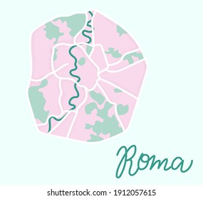 Cartoon flat map of the center of Rome. Tiber River is dark green, the land is pink. Funny cute European Italian city map. Vector illustration
