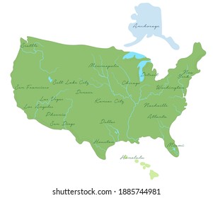 Cartoon flat map of the USA. Travel illustration with cities, rivers. Vector isolated on white background