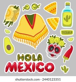 Cartoon flat Mexican national symbols. Hola Mexico